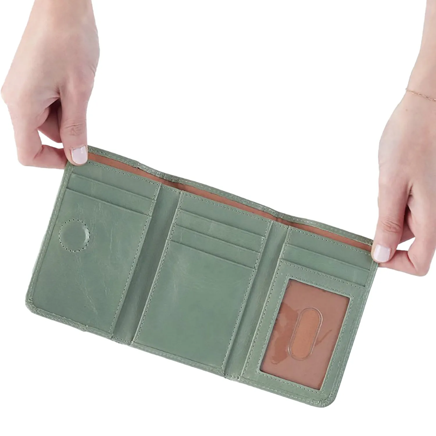 Hobo Jill Trifold Wallet Jade Polished Leather