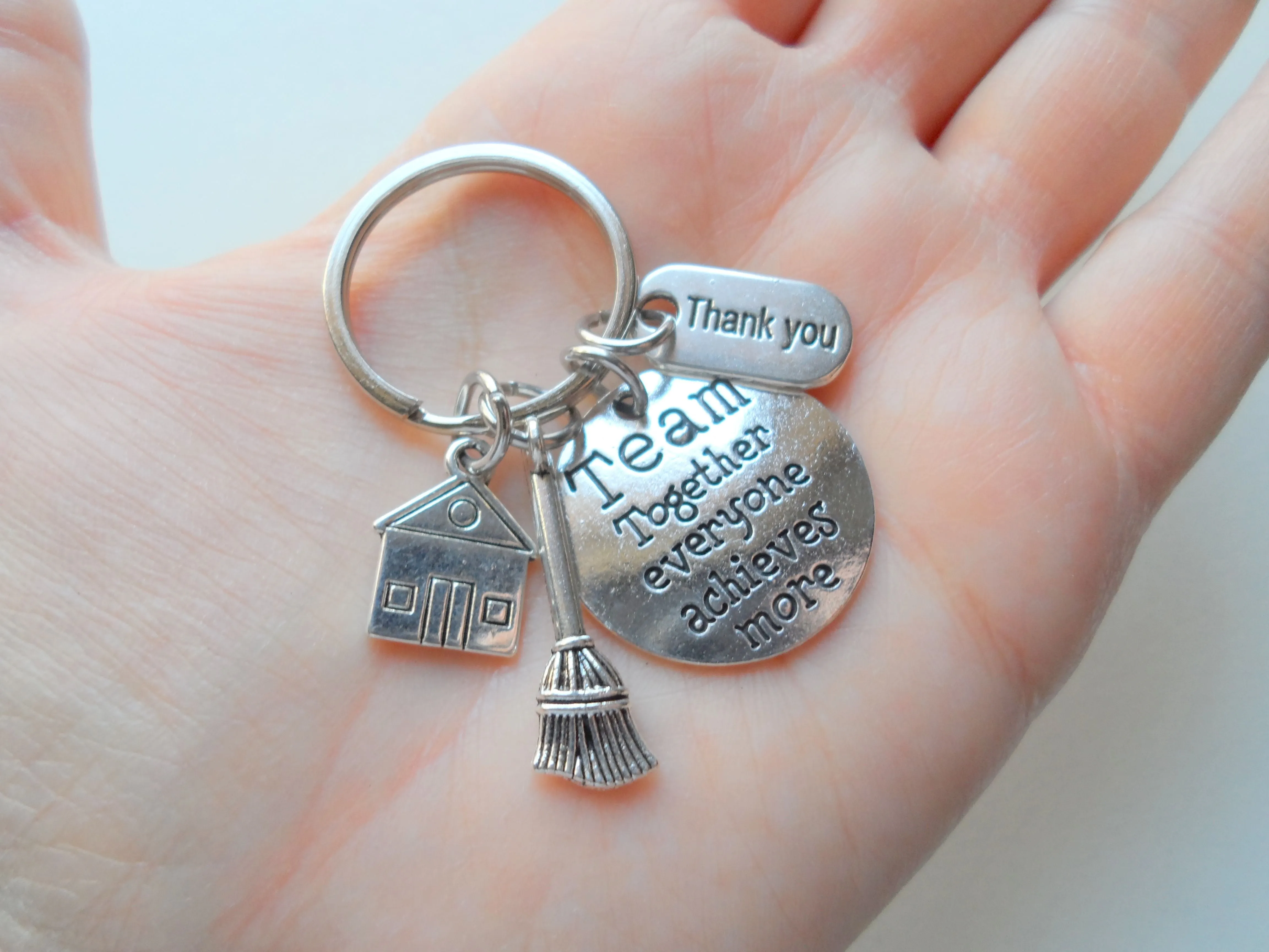 Housekeeping Appreciation Keychain; Team Disc Charm, Broom, House, & Thank You Charm Keychain