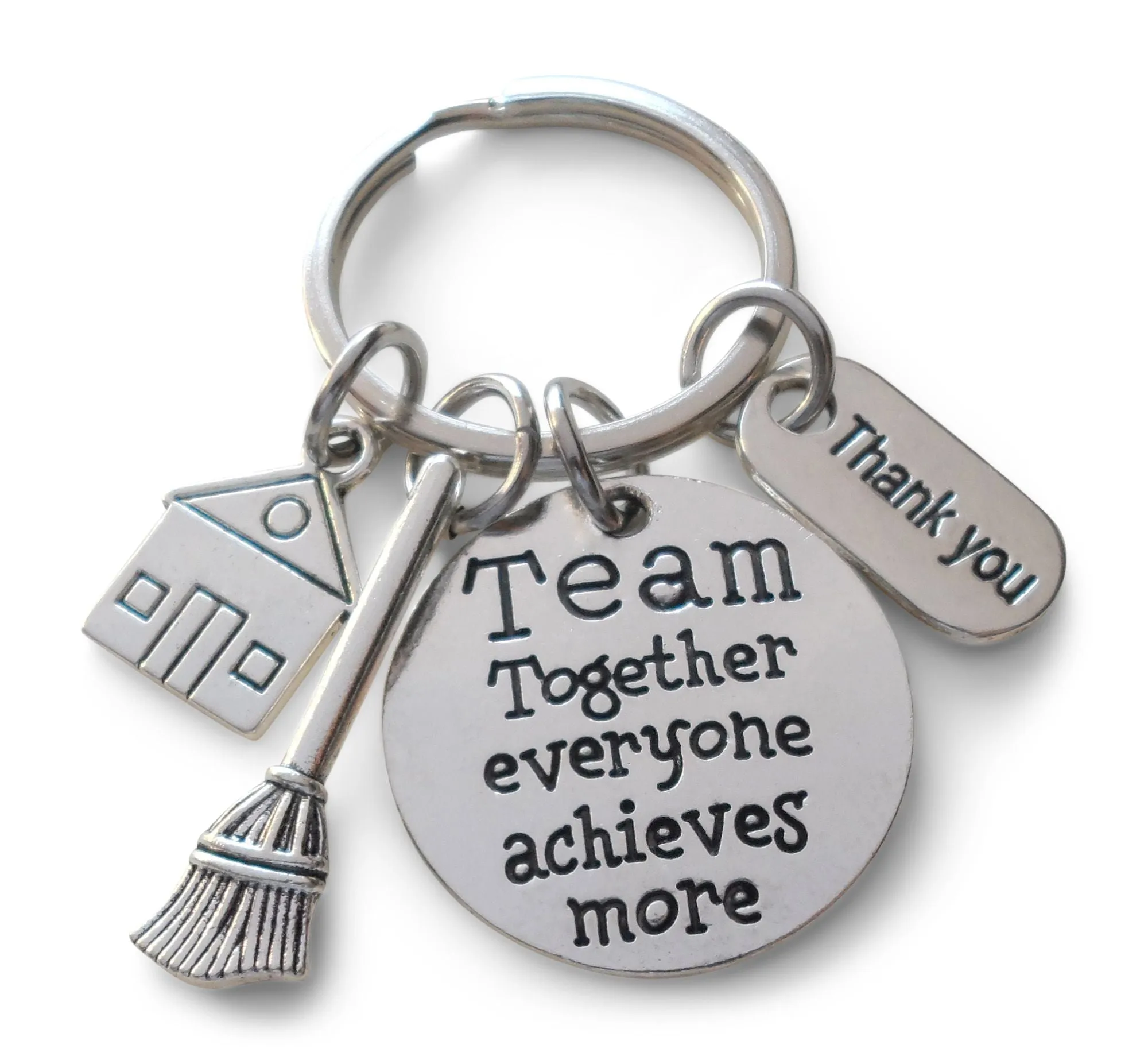 Housekeeping Appreciation Keychain; Team Disc Charm, Broom, House, & Thank You Charm Keychain