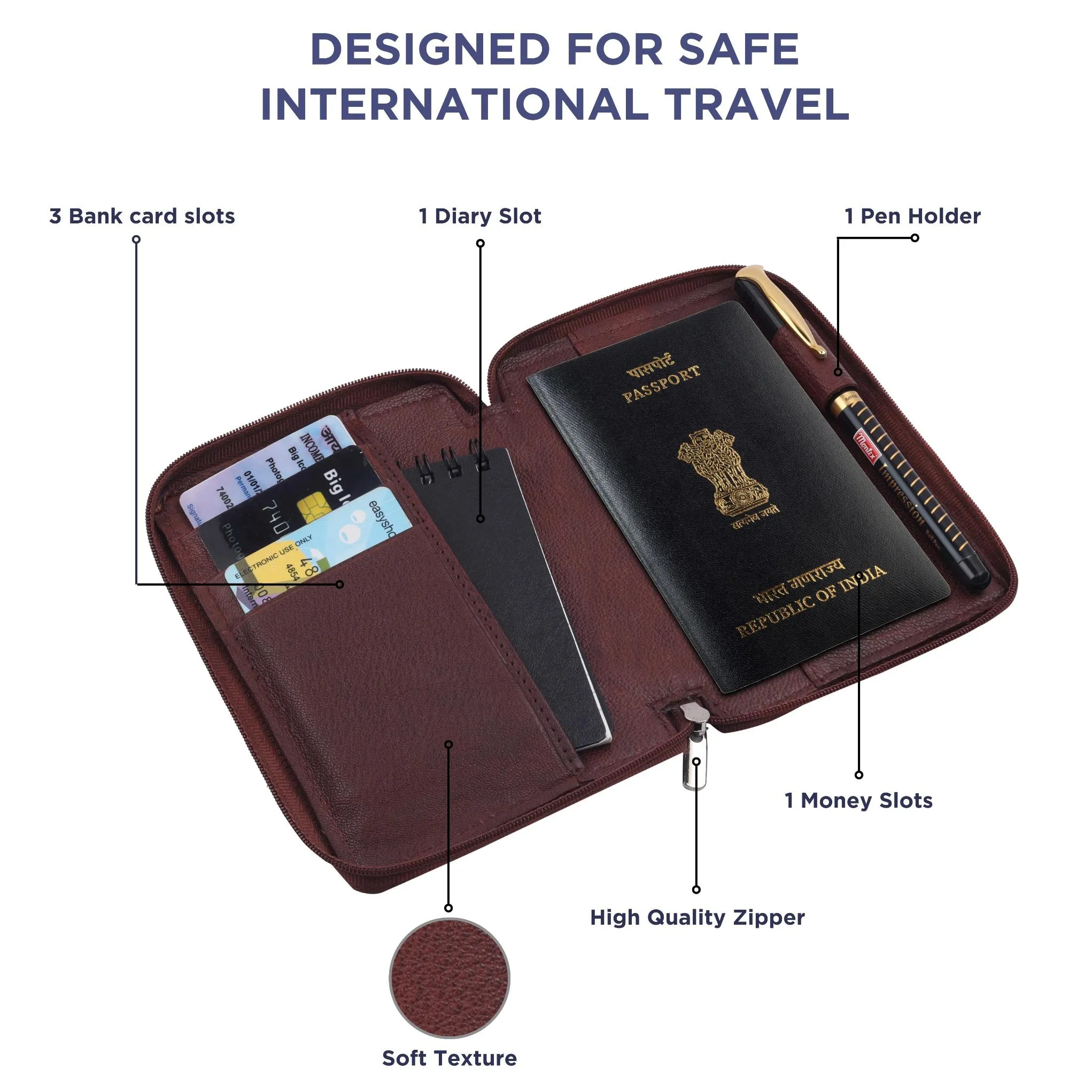 HUDSON RFID Protected Maroon Leather Passport Holder for Men & Women