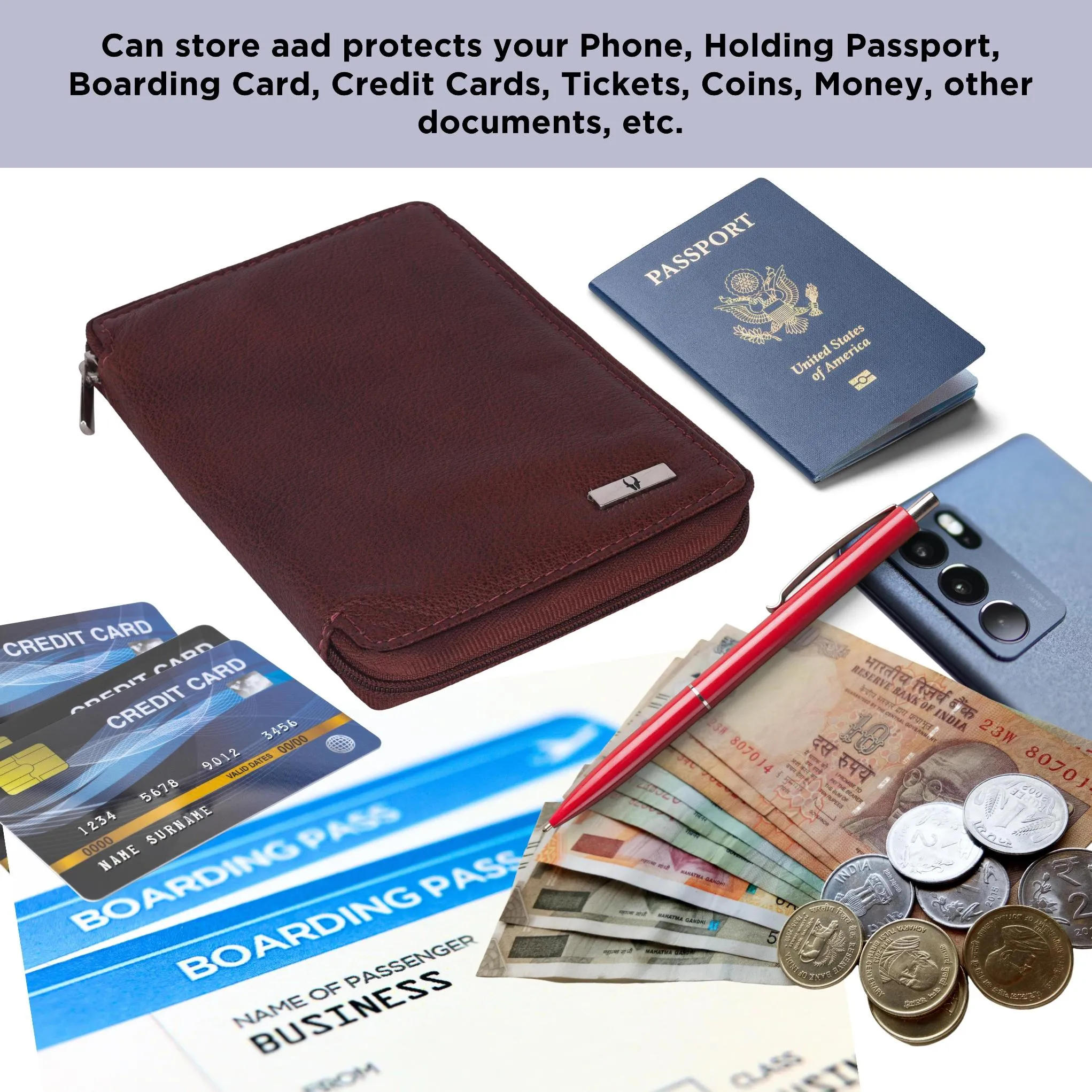 HUDSON RFID Protected Maroon Leather Passport Holder for Men & Women