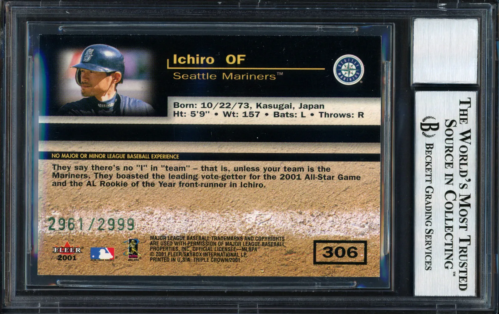 Ichiro Suzuki 2001 Fleer Triple Crown RC #2961/2999 Gem 10 Auto Beckett 12490896