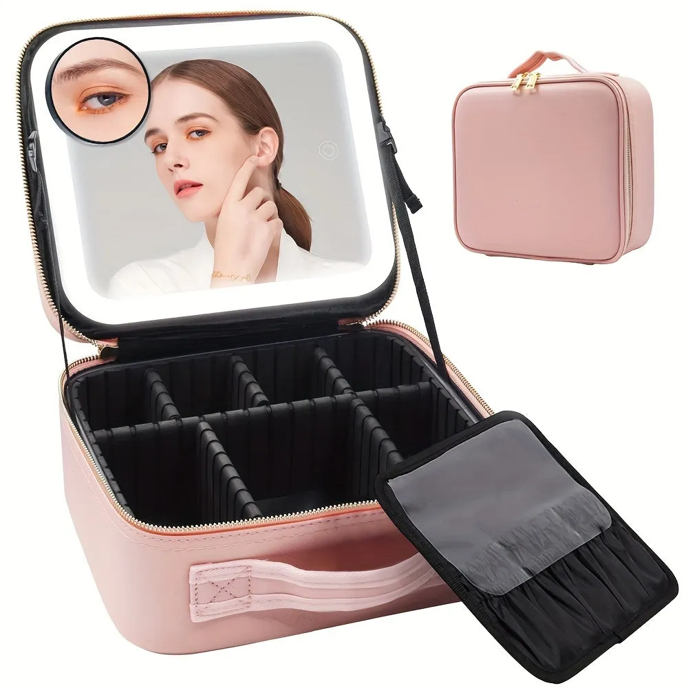 LED Lighted Travel Makeup Bag – Cosmetic Organizer with Mirror & Adjustable Dividers