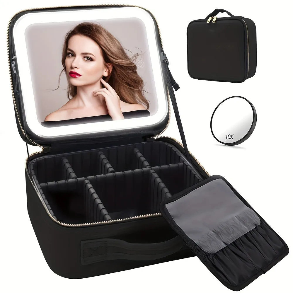 LED Lighted Travel Makeup Bag – Cosmetic Organizer with Mirror & Adjustable Dividers