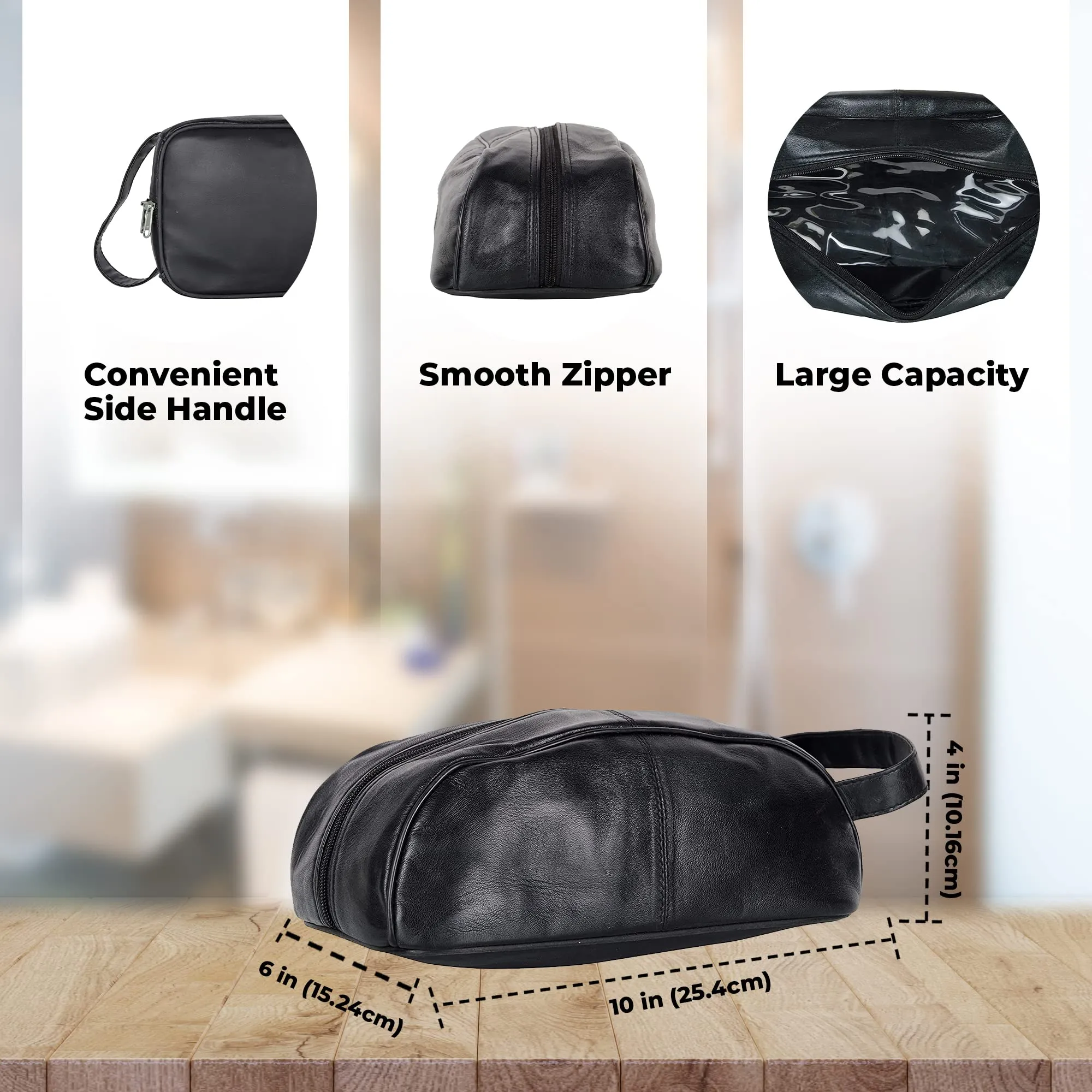 Liberty Leather Black Deluxe Sheep Napa Leather Unisex Toiletry Travel Bag Bathroom Organizer/Shoe Bag for Men and Women Portable Cosmetic Case and Traveling Kit Leather Shaving Bag in Black