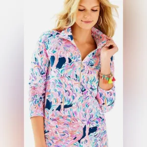 Lilly Pulitzer Skippy Pop Over Half Zip Jacket Pink Flamingo Head in the Sand
