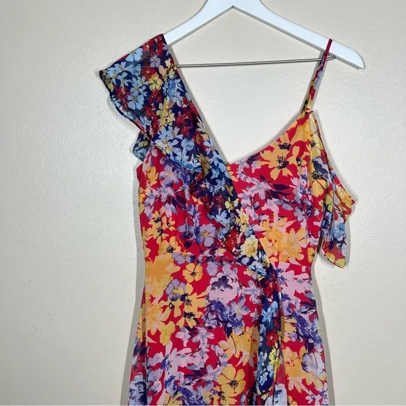 Lulus Womens Radiant Ruby Red Floral Print Chiffon Maxi Dress Size Small