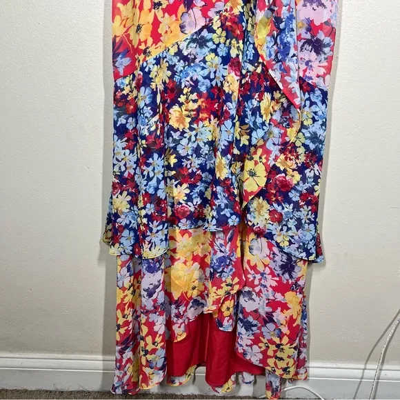 Lulus Womens Radiant Ruby Red Floral Print Chiffon Maxi Dress Size Small