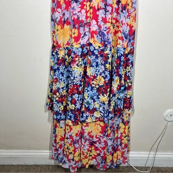 Lulus Womens Radiant Ruby Red Floral Print Chiffon Maxi Dress Size Small
