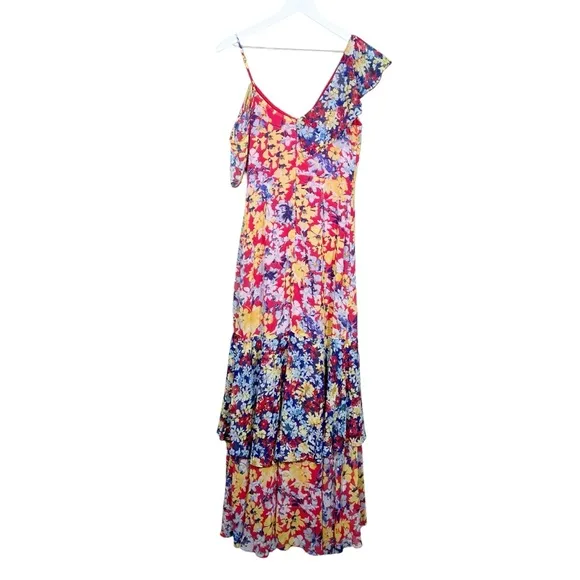 Lulus Womens Radiant Ruby Red Floral Print Chiffon Maxi Dress Size Small