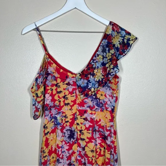 Lulus Womens Radiant Ruby Red Floral Print Chiffon Maxi Dress Size Small