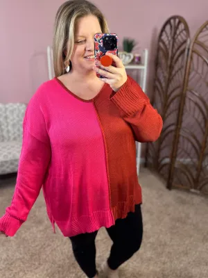 Mind Blocked Tunic Sweater - Red/Pink