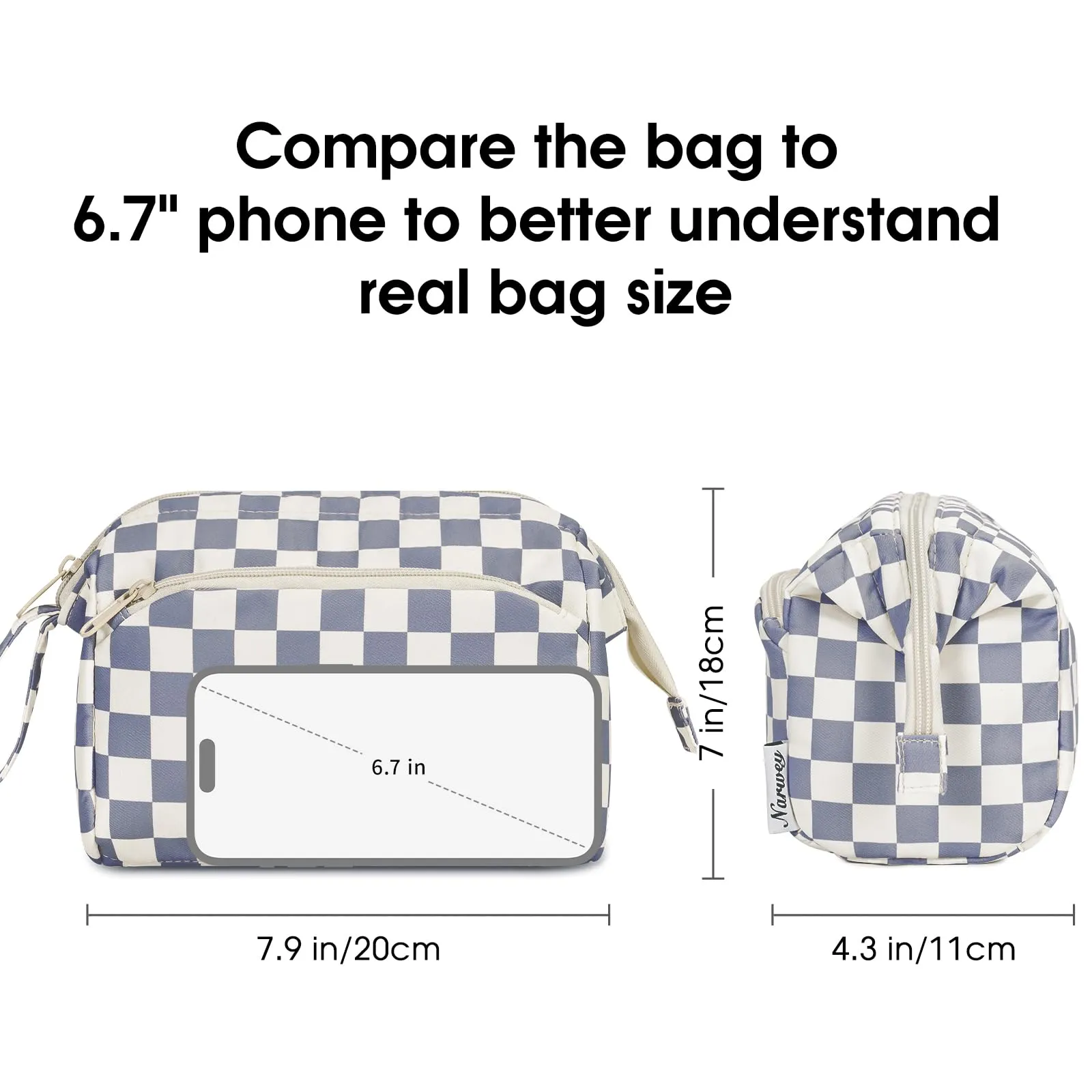 Narwey Checkered Makeup Bag Women Wide-open Make up Bag Travel Cosmetic Bag Organizer Toiletry Bag for Cosmetics Toiletries Accessories (Greyish Blue Checkerboard)