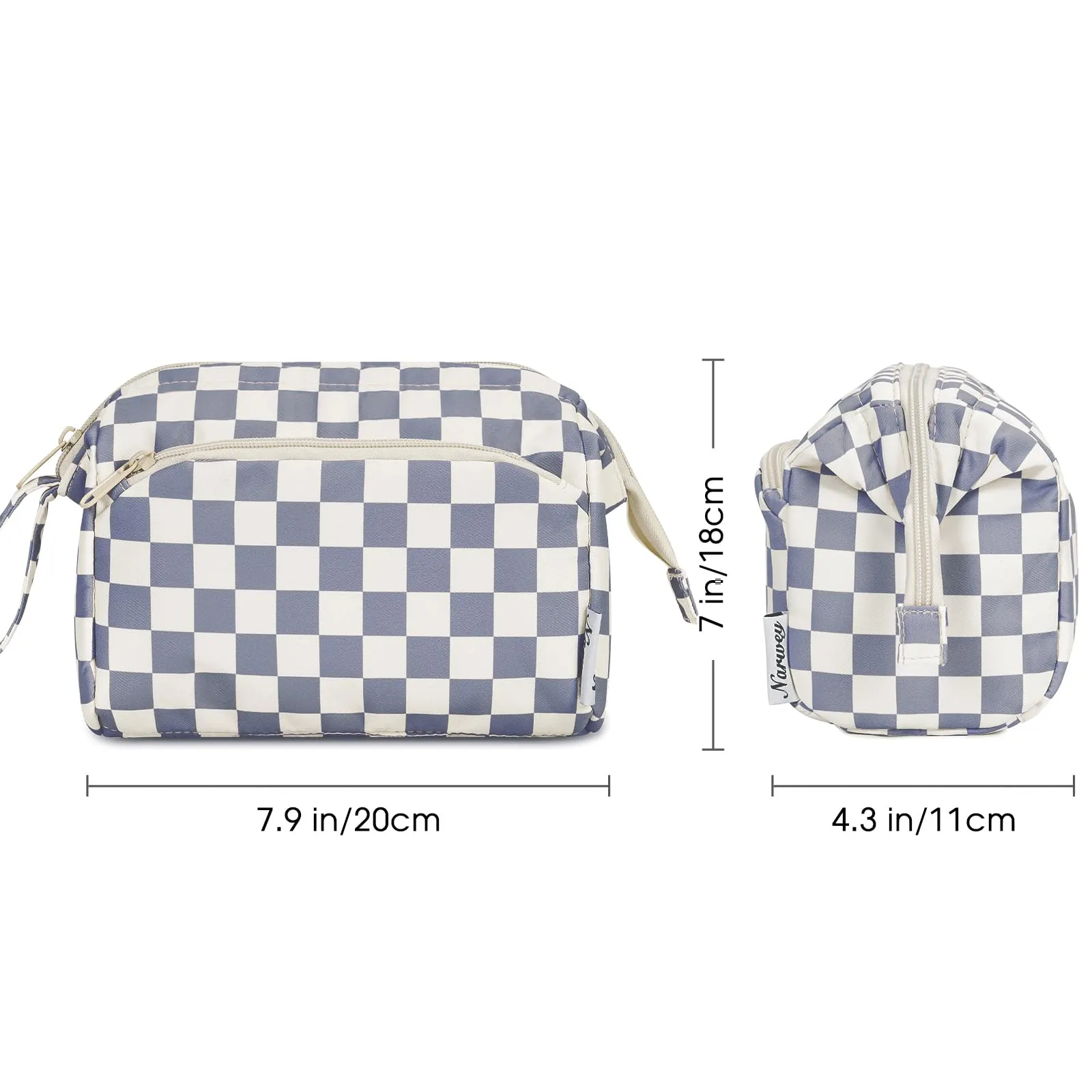 Narwey Checkered Makeup Bag Women Wide-open Make up Bag Travel Cosmetic Bag Organizer Toiletry Bag for Cosmetics Toiletries Accessories (Greyish Blue Checkerboard)