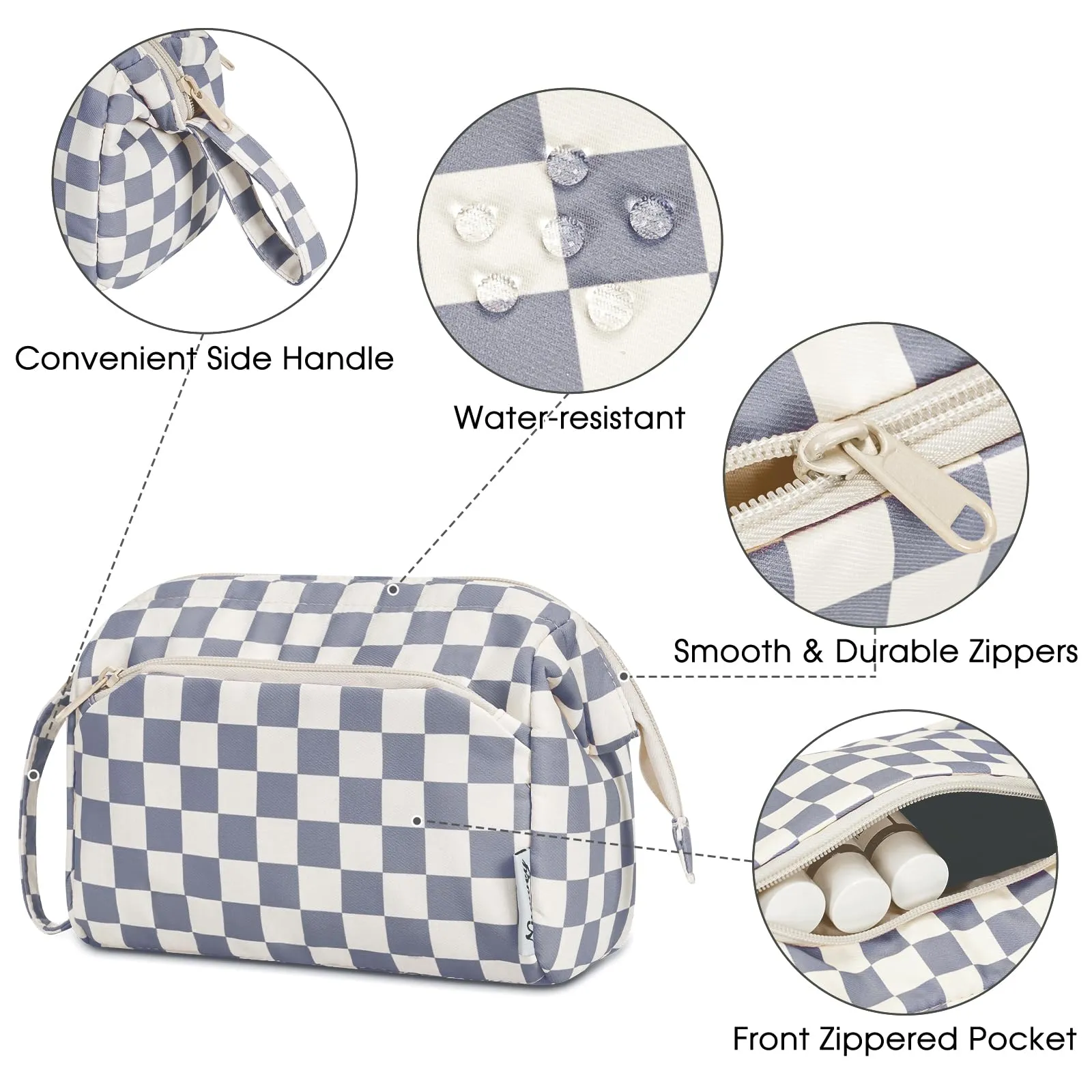 Narwey Checkered Makeup Bag Women Wide-open Make up Bag Travel Cosmetic Bag Organizer Toiletry Bag for Cosmetics Toiletries Accessories (Greyish Blue Checkerboard)
