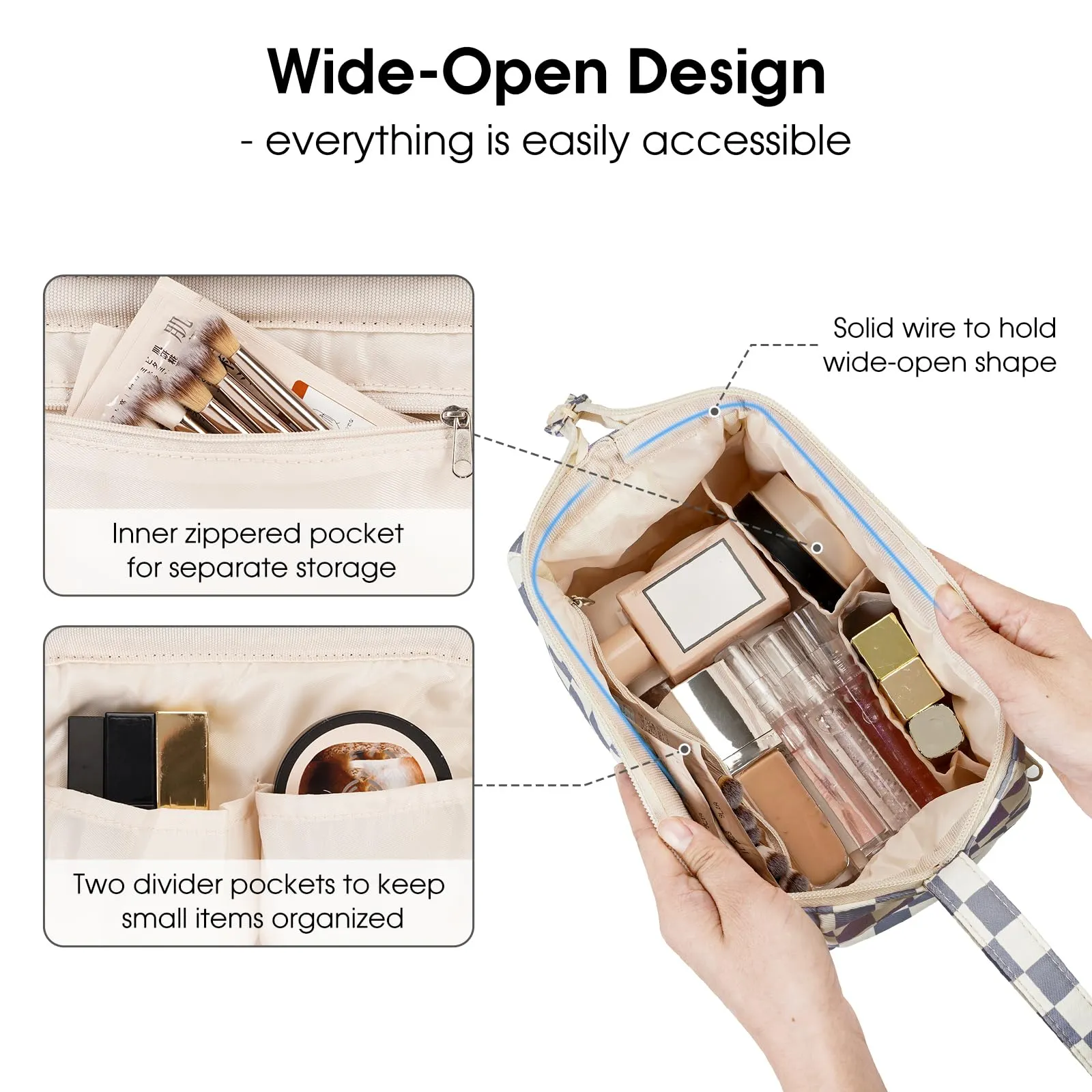 Narwey Checkered Makeup Bag Women Wide-open Make up Bag Travel Cosmetic Bag Organizer Toiletry Bag for Cosmetics Toiletries Accessories (Greyish Blue Checkerboard)