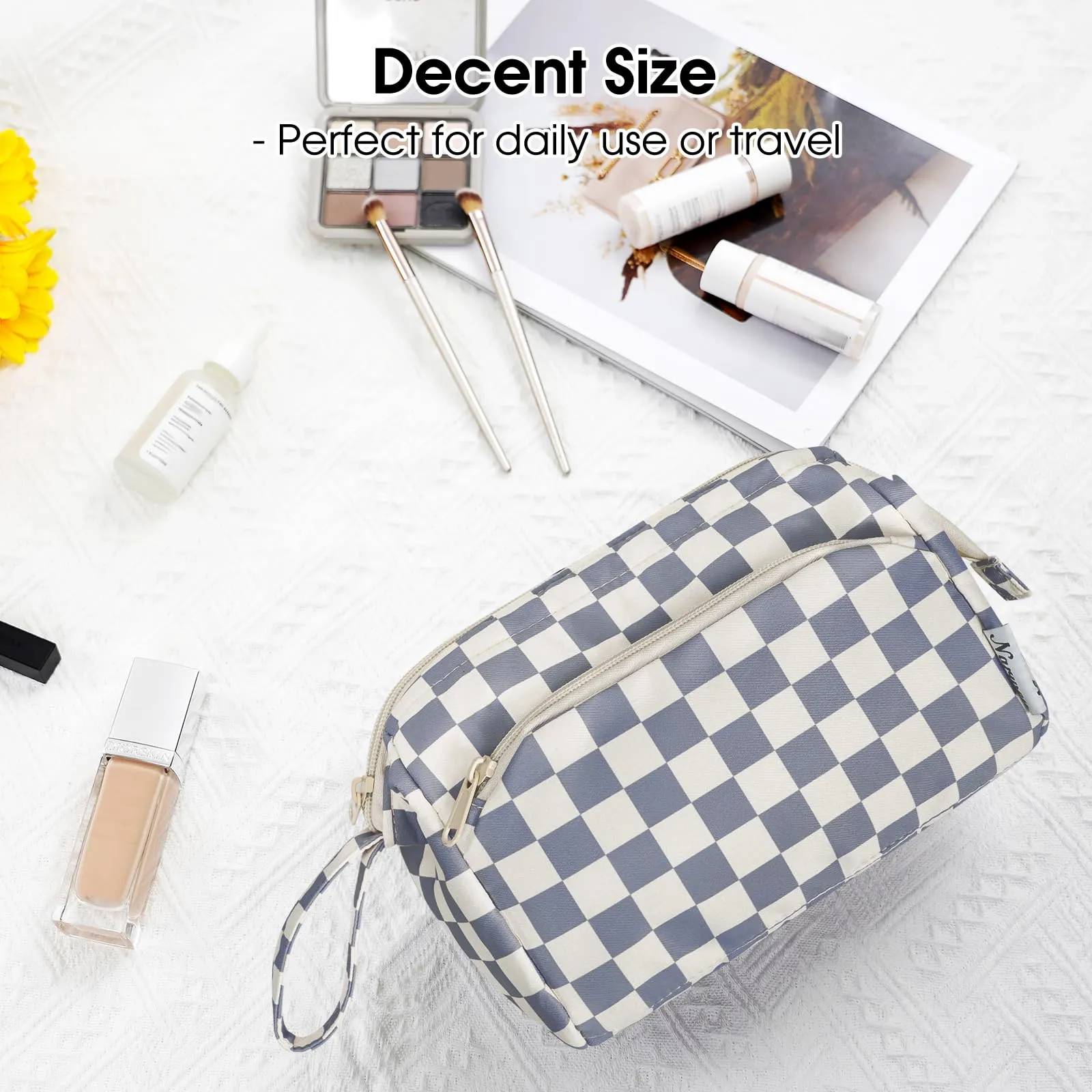 Narwey Checkered Makeup Bag Women Wide-open Make up Bag Travel Cosmetic Bag Organizer Toiletry Bag for Cosmetics Toiletries Accessories (Greyish Blue Checkerboard)
