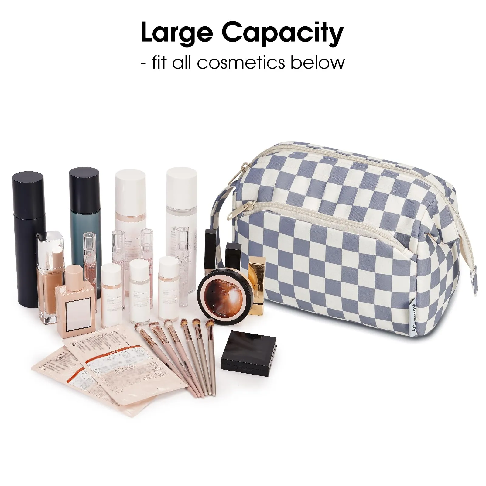Narwey Checkered Makeup Bag Women Wide-open Make up Bag Travel Cosmetic Bag Organizer Toiletry Bag for Cosmetics Toiletries Accessories (Greyish Blue Checkerboard)