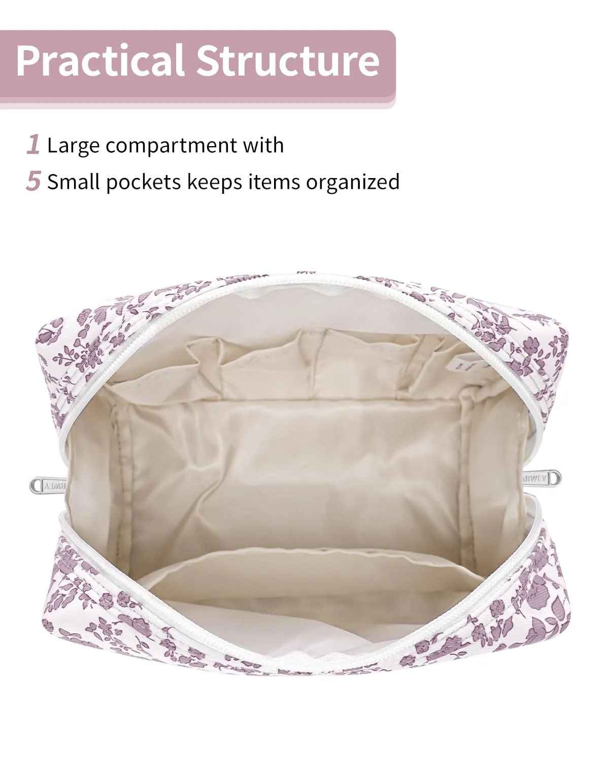 Narwey Cute Floral Makeup Bag Travel Cosmetic Bag Organizer Toiletry Bag Make Up Bags with Organized Pocket for Women Girls (Large, Little Dusty Pink Flower)