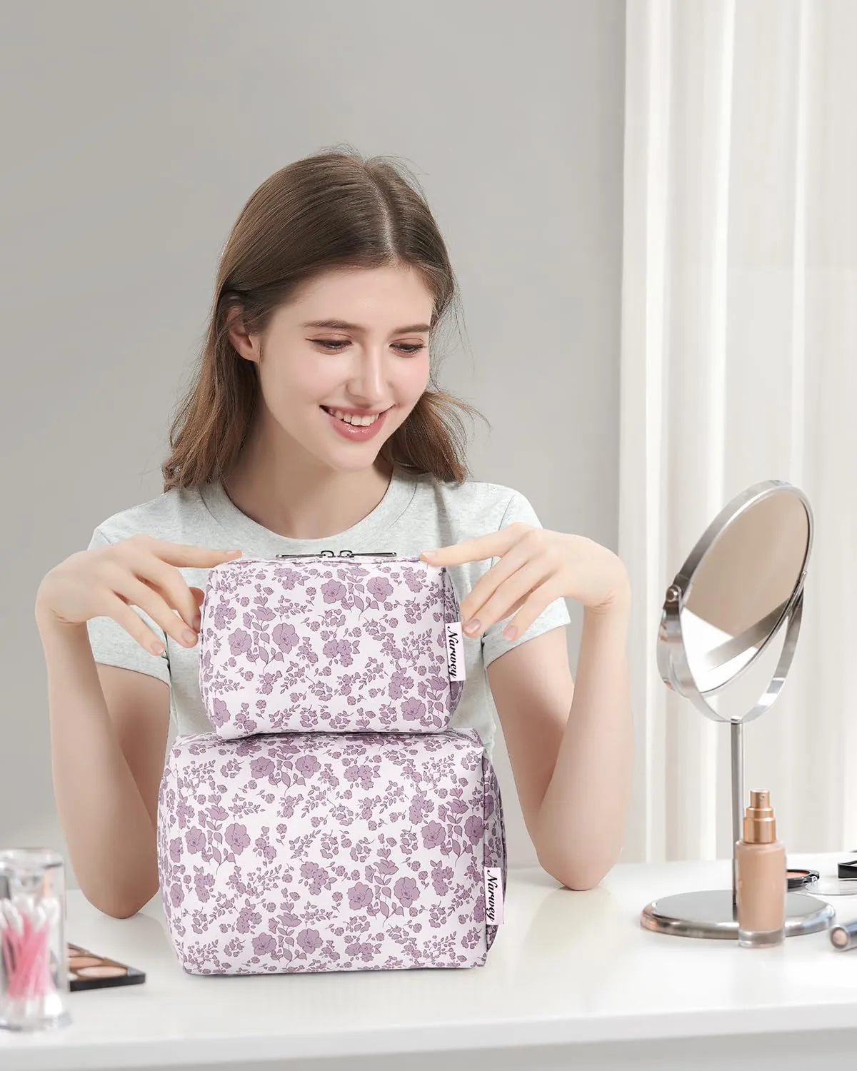 Narwey Cute Floral Makeup Bag Travel Cosmetic Bag Organizer Toiletry Bag Make Up Bags with Organized Pocket for Women Girls (Large, Little Dusty Pink Flower)