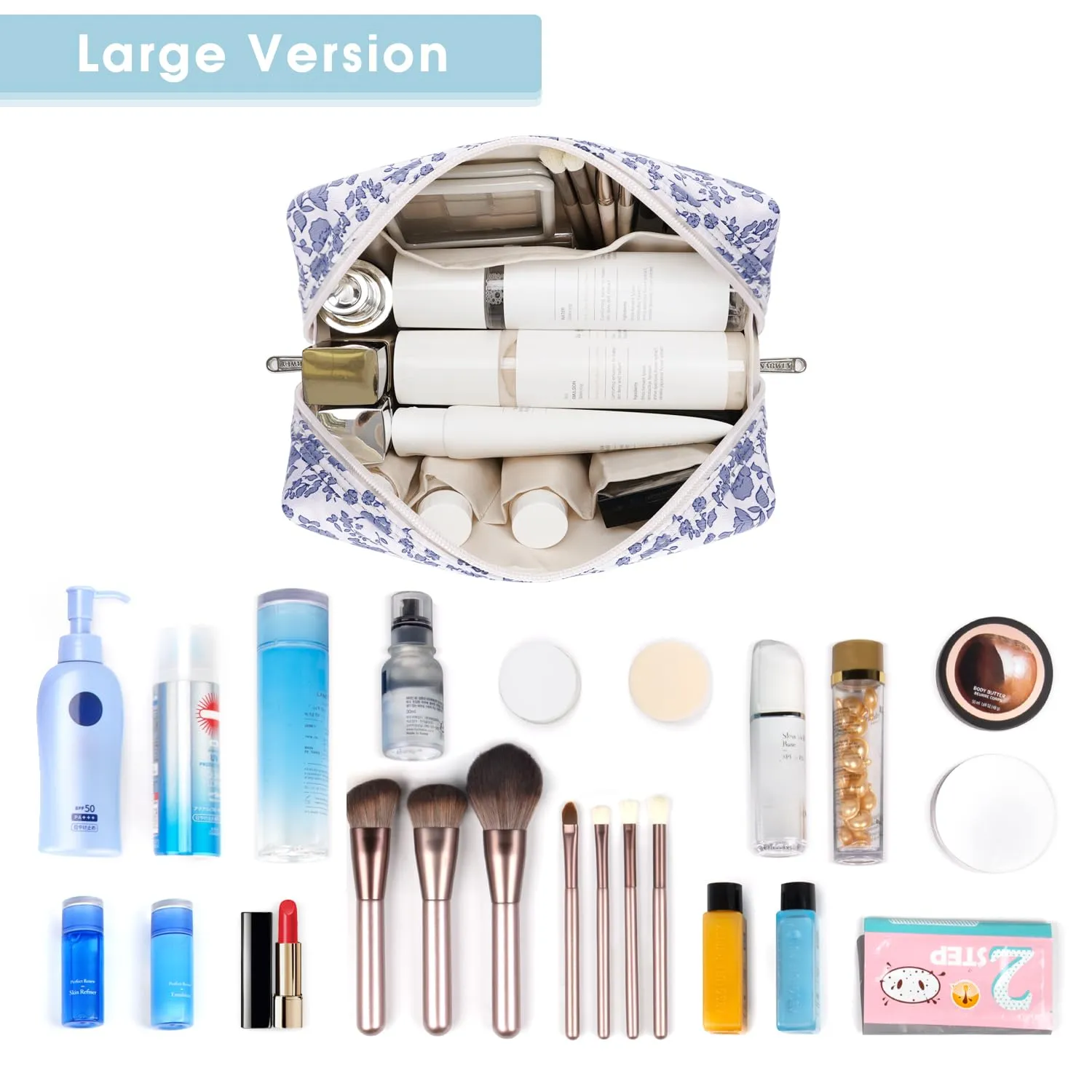 Narwey Cute Floral Makeup Bag Travel Cosmetic Bag Organizer Toiletry Bag Make Up Bags with Organized Pocket for Women Girls (Large, Little Grayish Blue Flower)