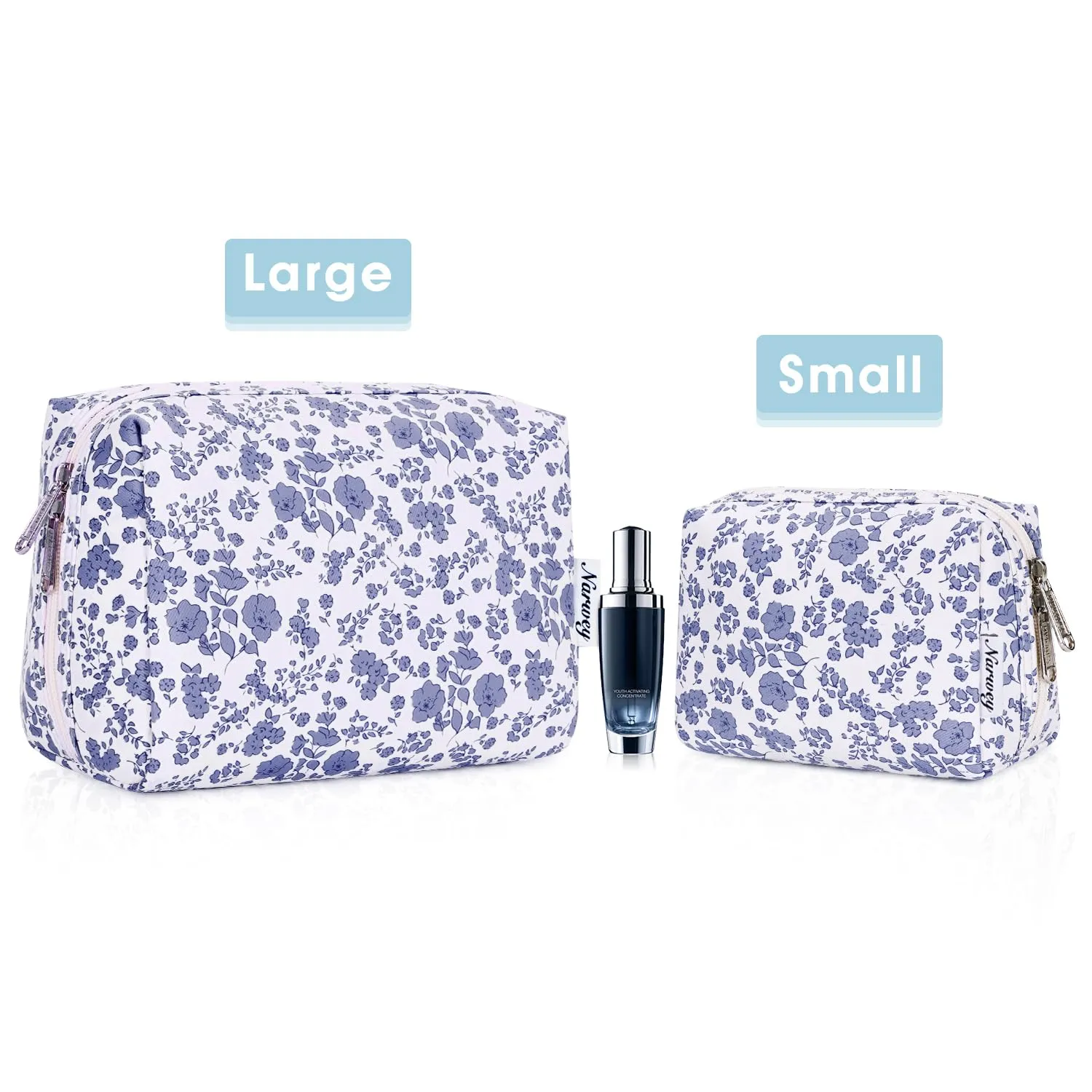 Narwey Cute Floral Makeup Bag Travel Cosmetic Bag Organizer Toiletry Bag Make Up Bags with Organized Pocket for Women Girls (Large, Little Grayish Blue Flower)
