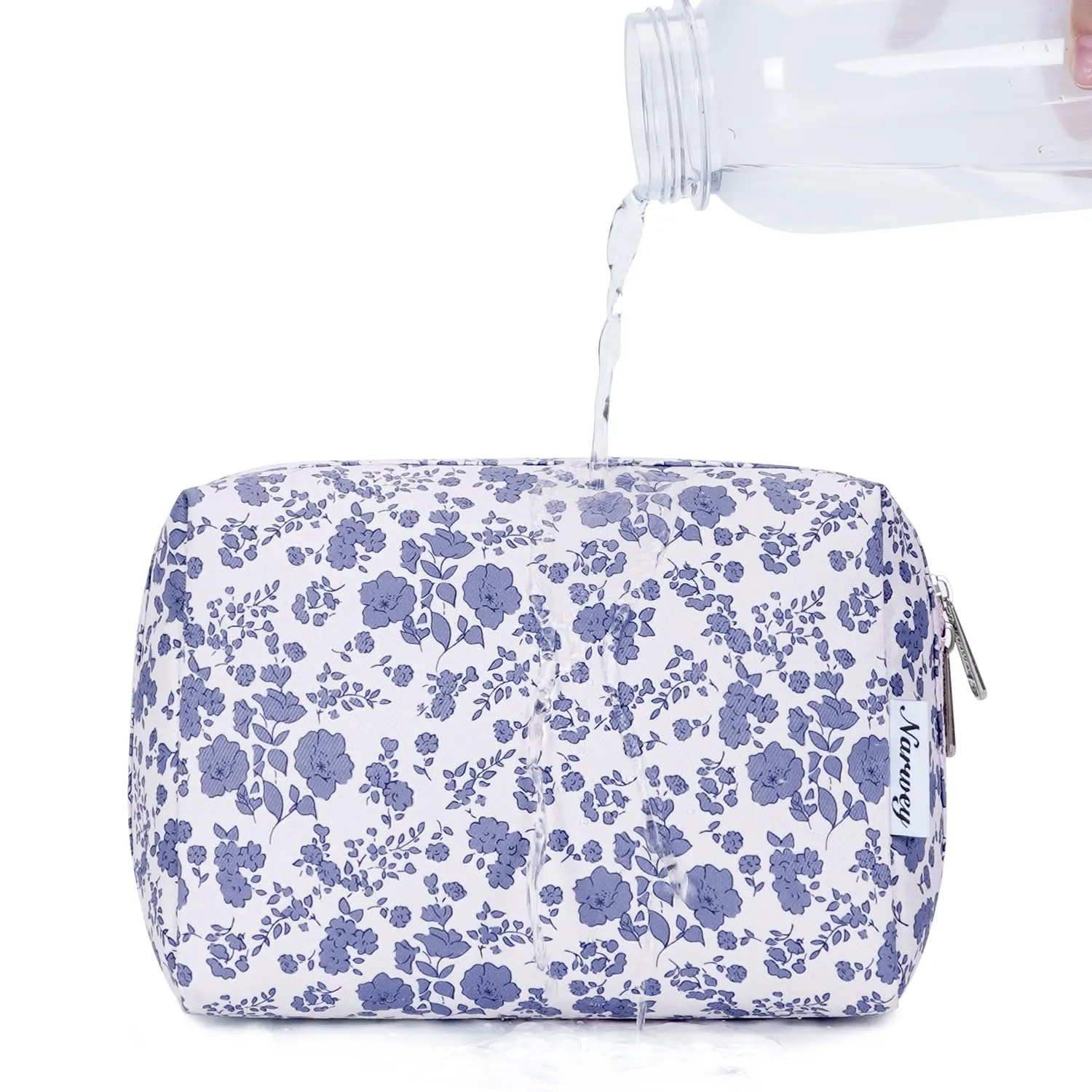 Narwey Cute Floral Makeup Bag Travel Cosmetic Bag Organizer Toiletry Bag Make Up Bags with Organized Pocket for Women Girls (Large, Little Grayish Blue Flower)