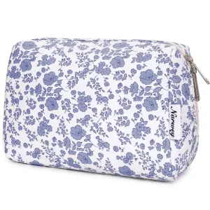Narwey Cute Floral Makeup Bag Travel Cosmetic Bag Organizer Toiletry Bag Make Up Bags with Organized Pocket for Women Girls (Large, Little Grayish Blue Flower)