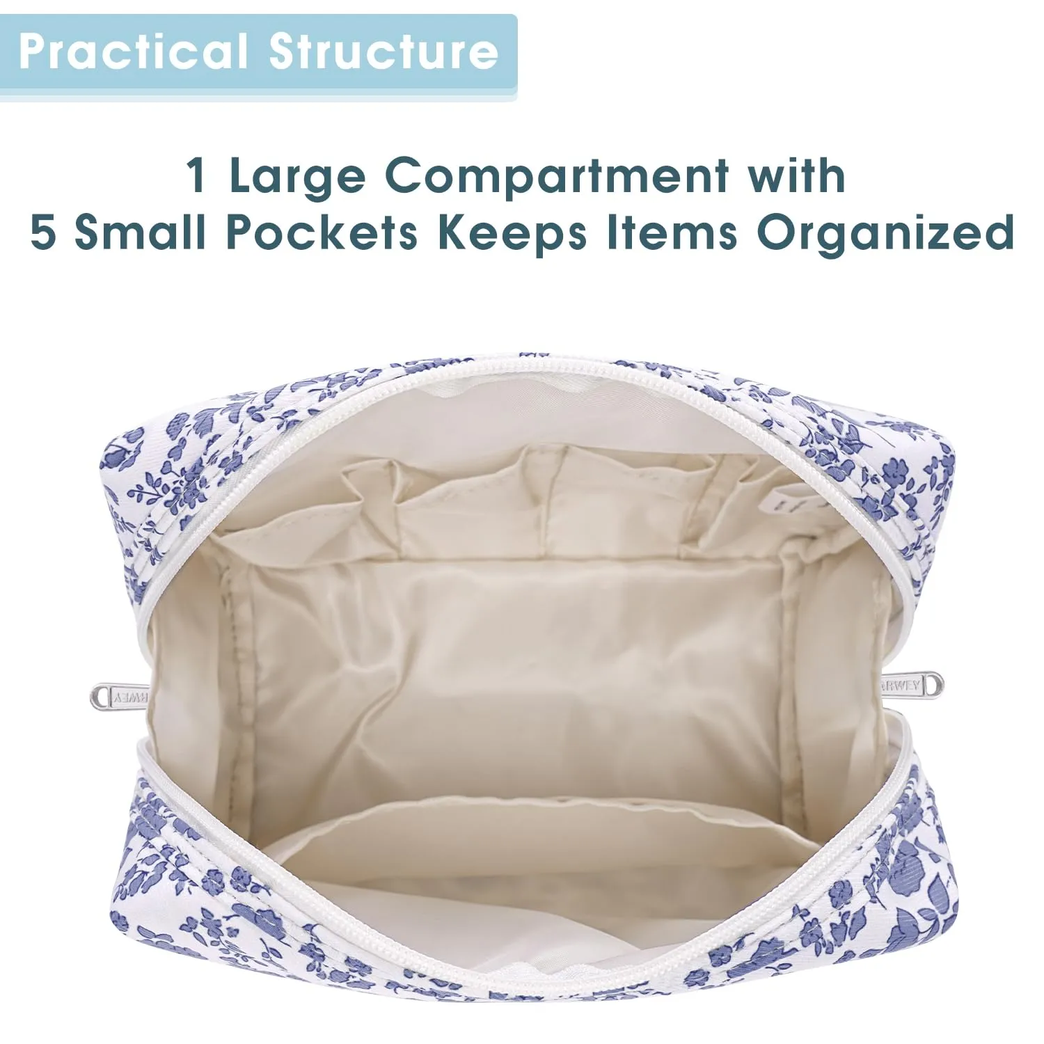 Narwey Cute Floral Makeup Bag Travel Cosmetic Bag Organizer Toiletry Bag Make Up Bags with Organized Pocket for Women Girls (Large, Little Grayish Blue Flower)