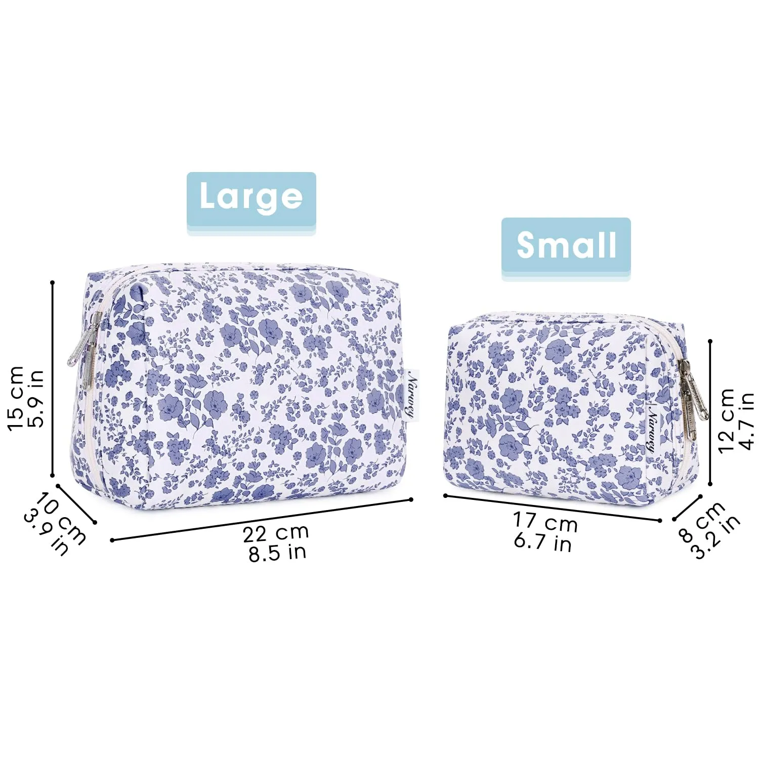 Narwey Cute Floral Makeup Bag Travel Cosmetic Bag Organizer Toiletry Bag Make Up Bags with Organized Pocket for Women Girls (Large, Little Grayish Blue Flower)