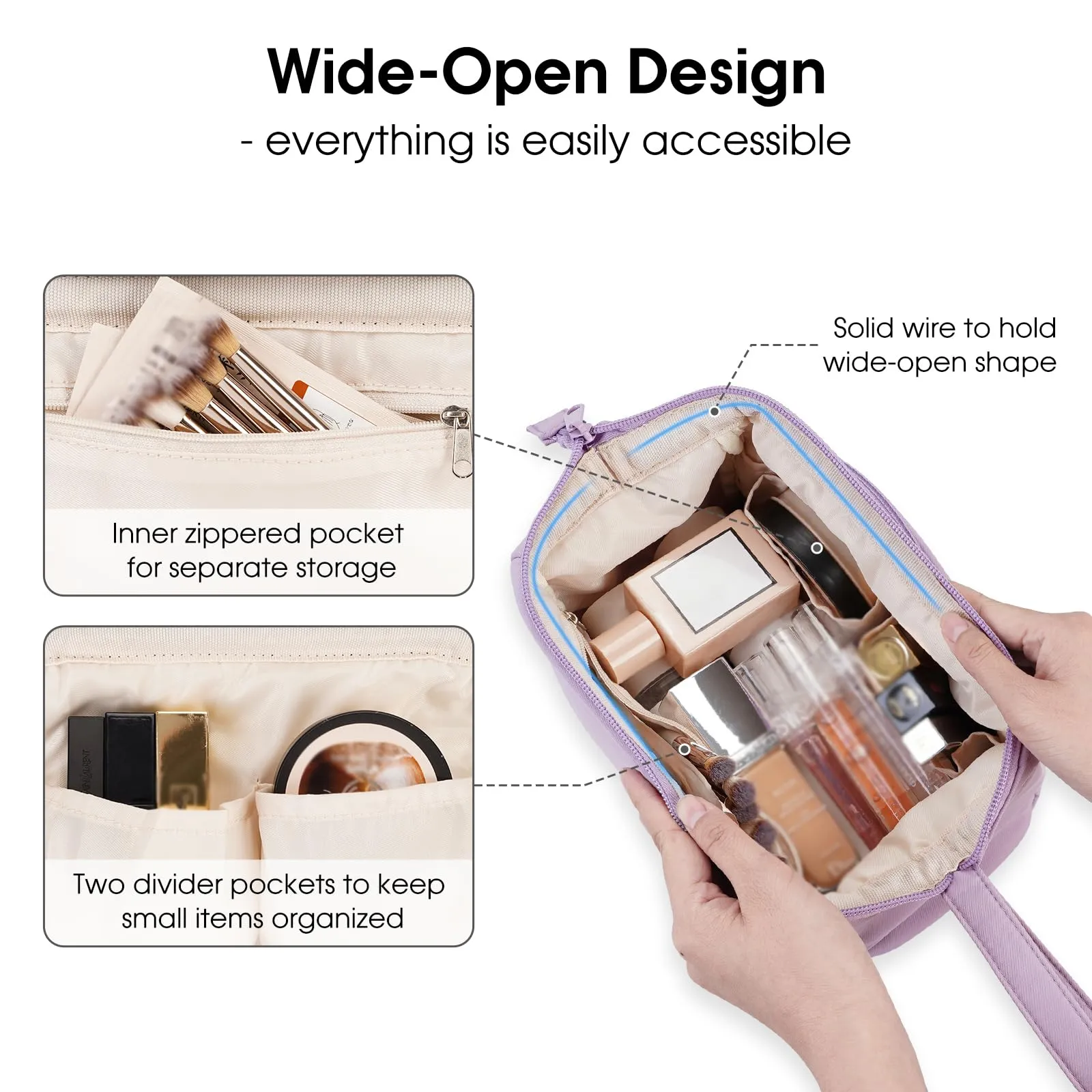 Narwey Makeup Bag Women Wide-open Make up Bag Travel Cosmetic Bag Organizer Toiletry Bag for Cosmetics Toiletries Accessories (Purple)