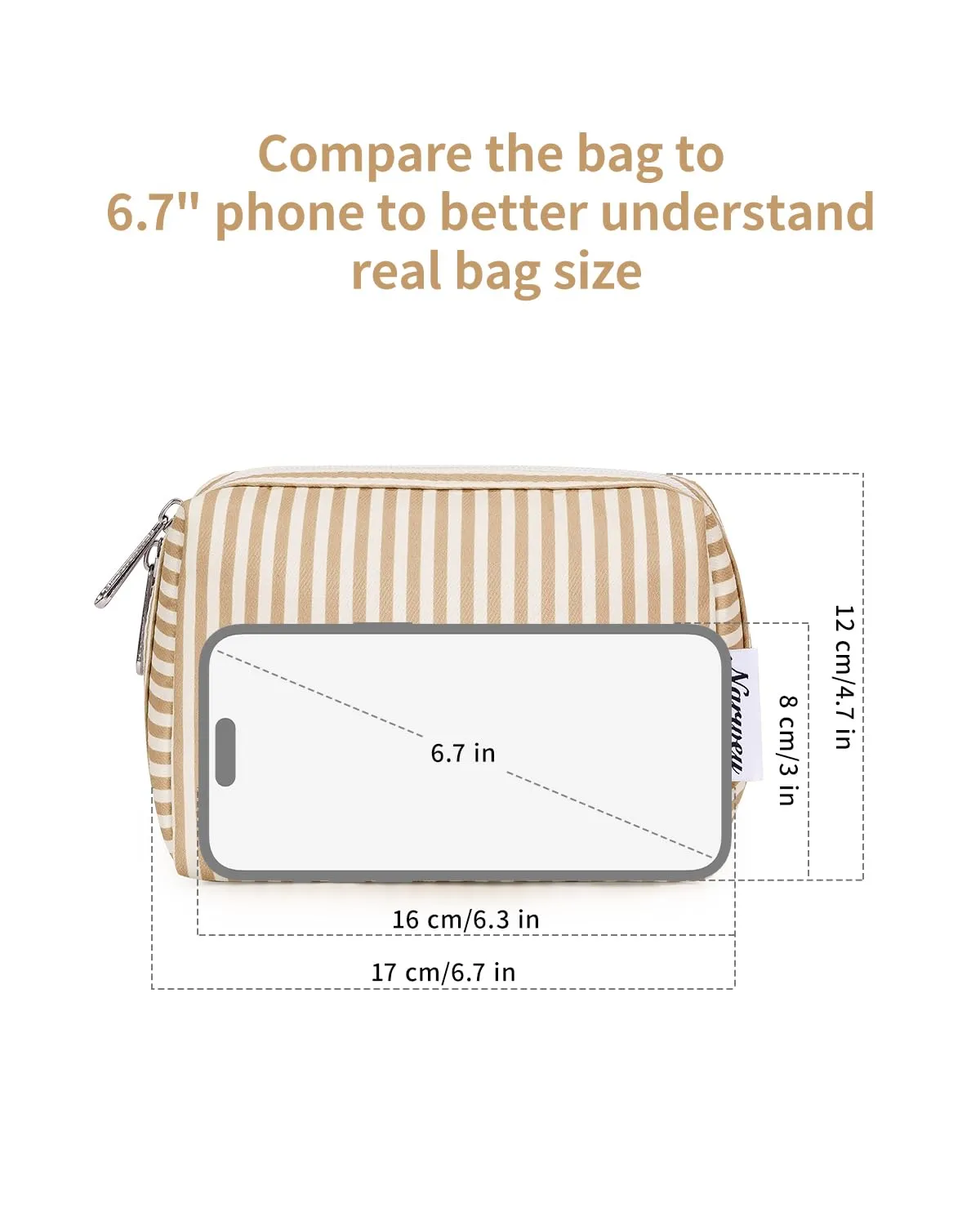 Narwey Small Striped Makeup Bag for Purse Mini Cosmetic Bag Travel Makeup Pouch Zipper Pouch Cute Make up Bags with Compartments for Women Girls (Brown Stripe, Small)