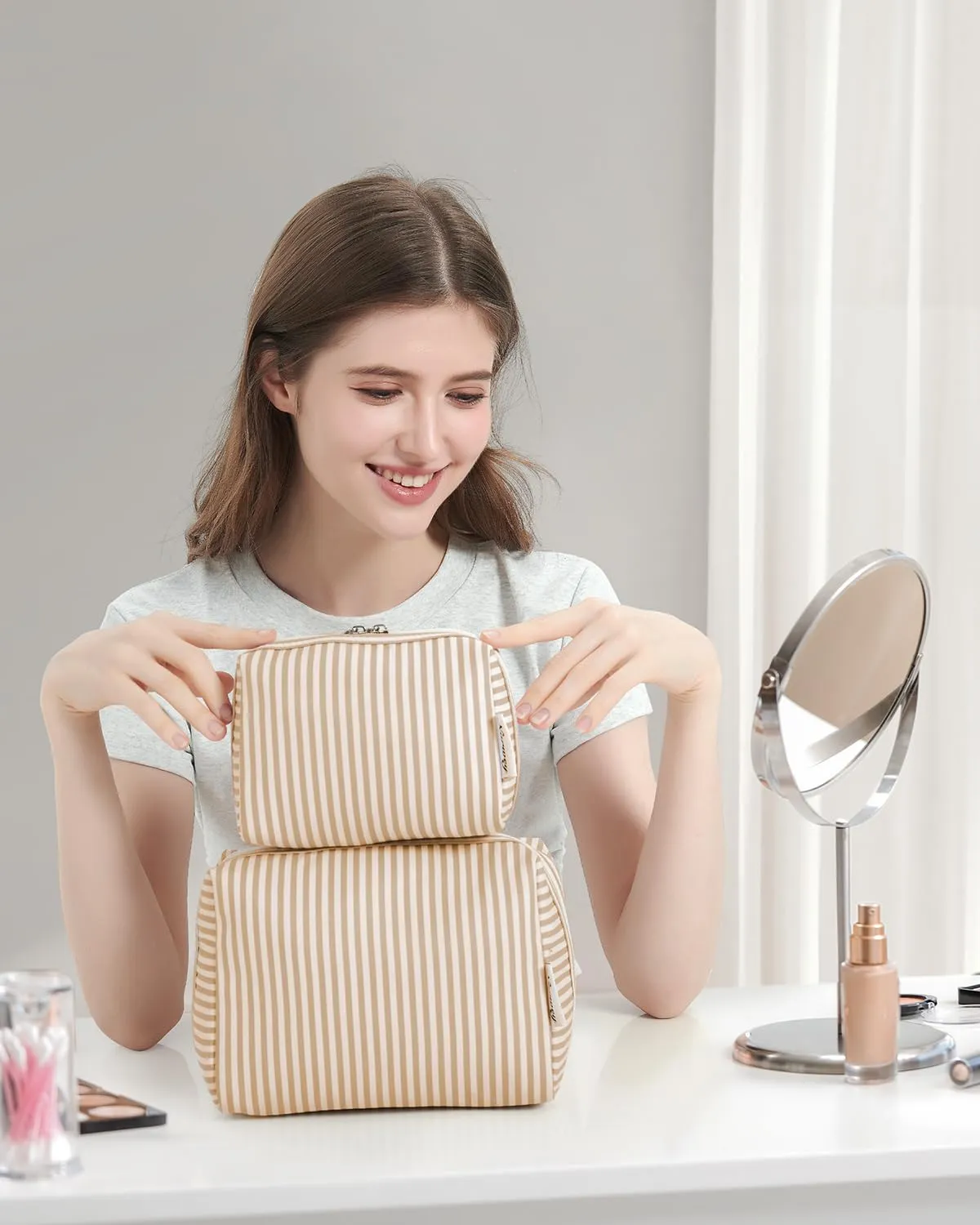 Narwey Small Striped Makeup Bag for Purse Mini Cosmetic Bag Travel Makeup Pouch Zipper Pouch Cute Make up Bags with Compartments for Women Girls (Brown Stripe, Small)