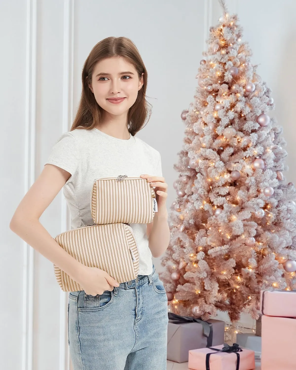 Narwey Small Striped Makeup Bag for Purse Mini Cosmetic Bag Travel Makeup Pouch Zipper Pouch Cute Make up Bags with Compartments for Women Girls (Brown Stripe, Small)