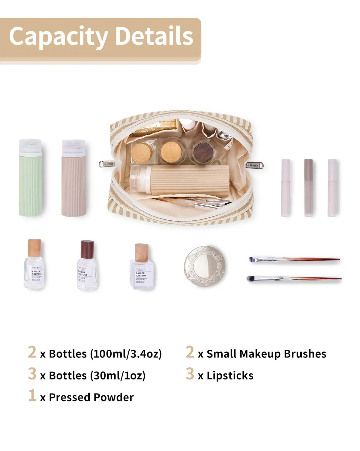 Narwey Small Striped Makeup Bag for Purse Mini Cosmetic Bag Travel Makeup Pouch Zipper Pouch Cute Make up Bags with Compartments for Women Girls (Brown Stripe, Small)
