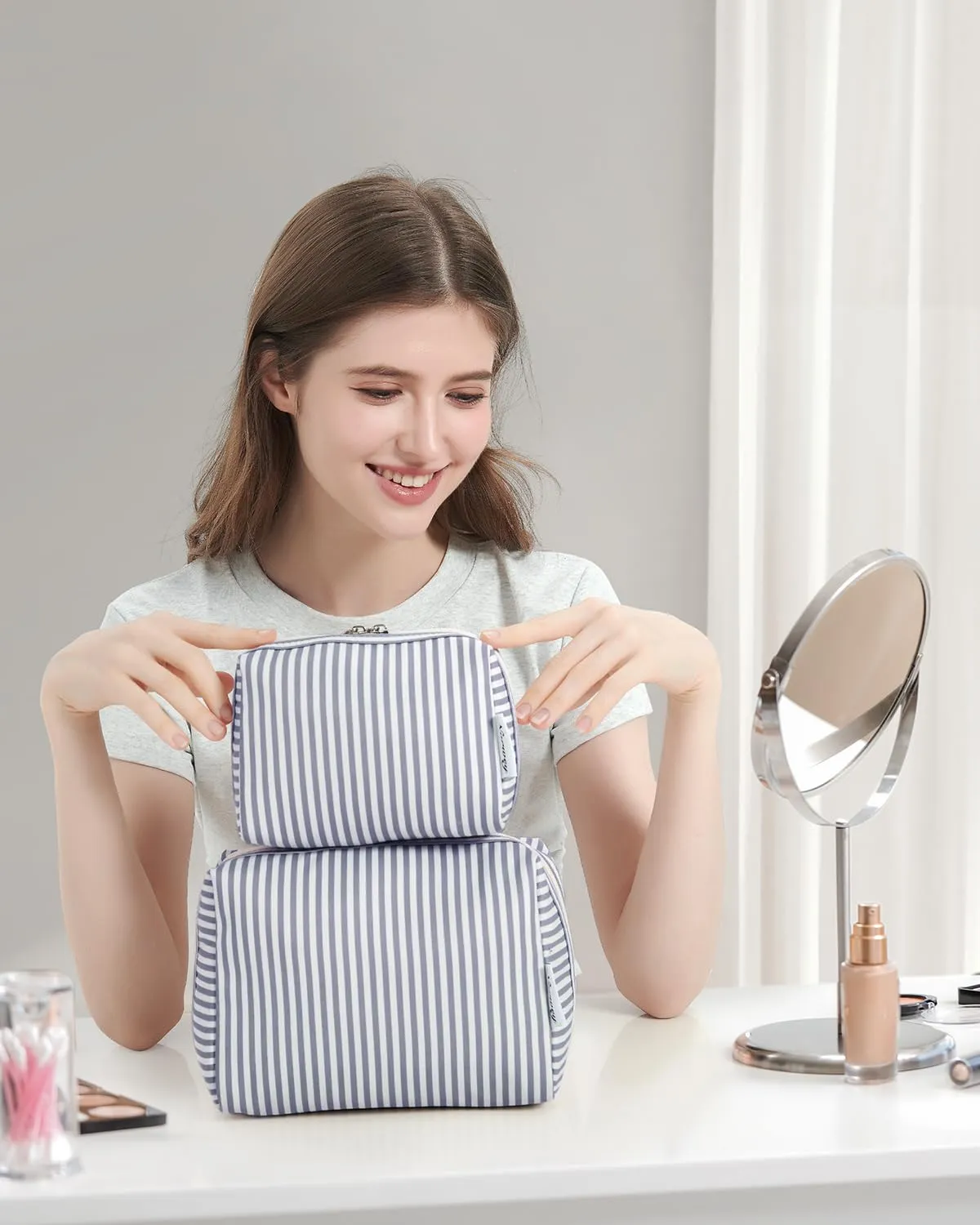 Narwey Striped Makeup Bag Travel Cosmetic Bag Organizer Toiletry Bag Make Up Bags with Compartments for Women Girls (Large, Greyish Blue Stripe)