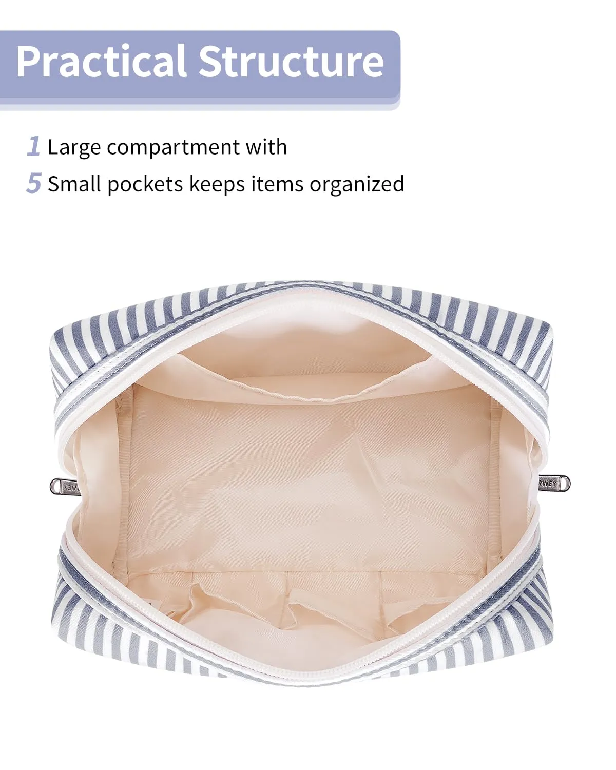 Narwey Striped Makeup Bag Travel Cosmetic Bag Organizer Toiletry Bag Make Up Bags with Compartments for Women Girls (Large, Greyish Blue Stripe)