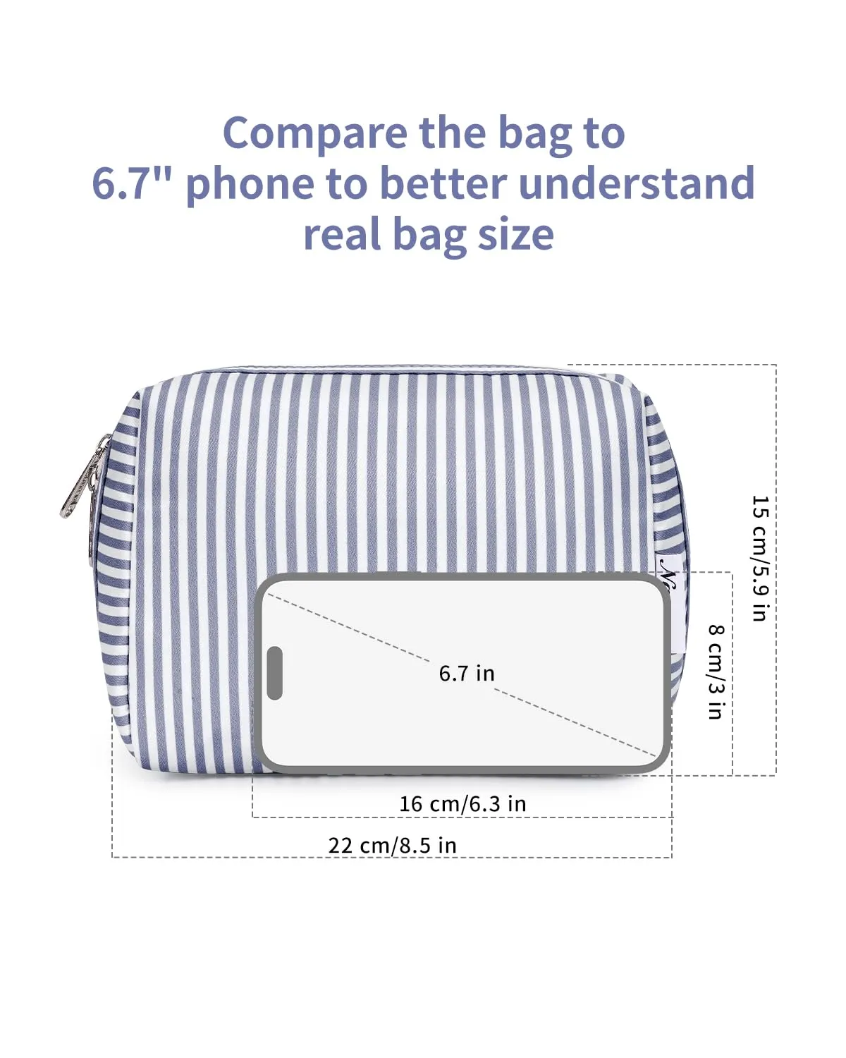 Narwey Striped Makeup Bag Travel Cosmetic Bag Organizer Toiletry Bag Make Up Bags with Compartments for Women Girls (Large, Greyish Blue Stripe)