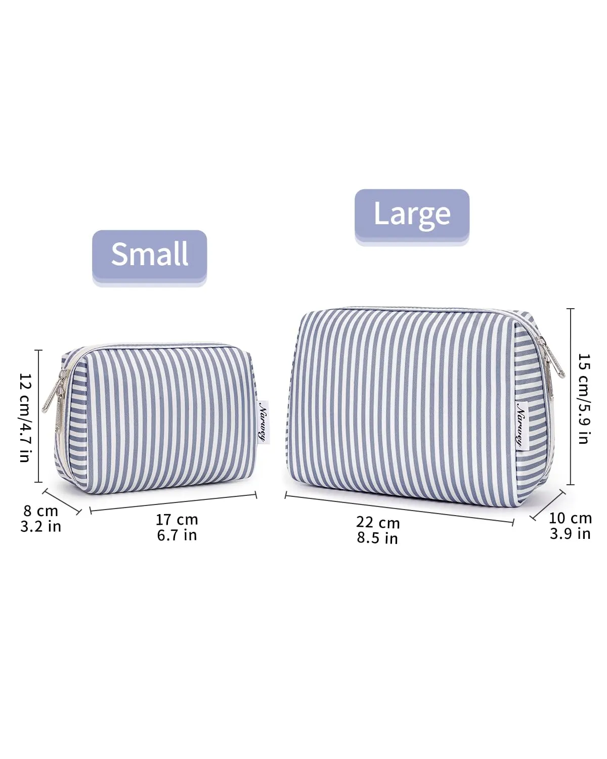 Narwey Striped Makeup Bag Travel Cosmetic Bag Organizer Toiletry Bag Make Up Bags with Compartments for Women Girls (Large, Greyish Blue Stripe)