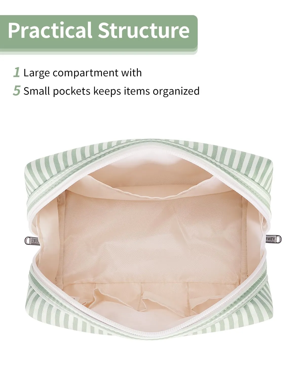Narwey Striped Makeup Bag Travel Cosmetic Bag Organizer Toiletry Bag Make Up Bags with Compartments for Women Girls (Large, Mint Green Stripe)