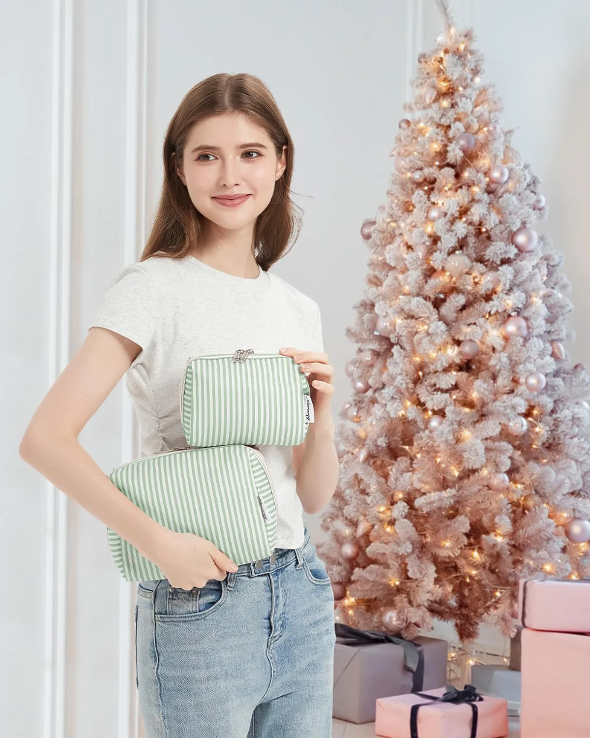 Narwey Striped Makeup Bag Travel Cosmetic Bag Organizer Toiletry Bag Make Up Bags with Compartments for Women Girls (Large, Mint Green Stripe)
