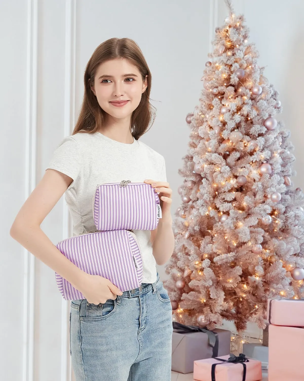 Narwey Striped Makeup Bag Travel Cosmetic Bag Organizer Toiletry Bag Make Up Bags with Compartments for Women Girls (Large, Purple Stripe)