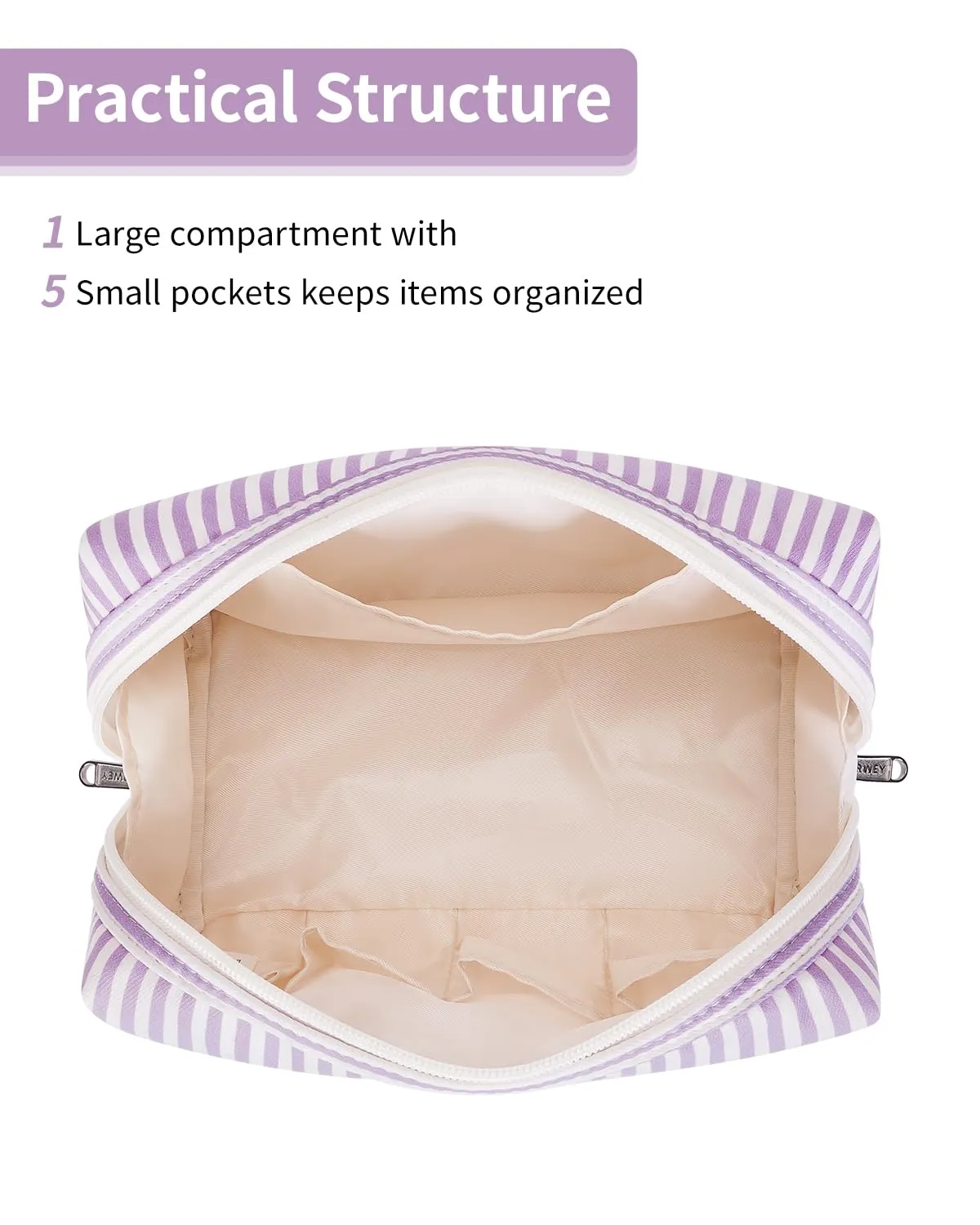 Narwey Striped Makeup Bag Travel Cosmetic Bag Organizer Toiletry Bag Make Up Bags with Compartments for Women Girls (Large, Purple Stripe)