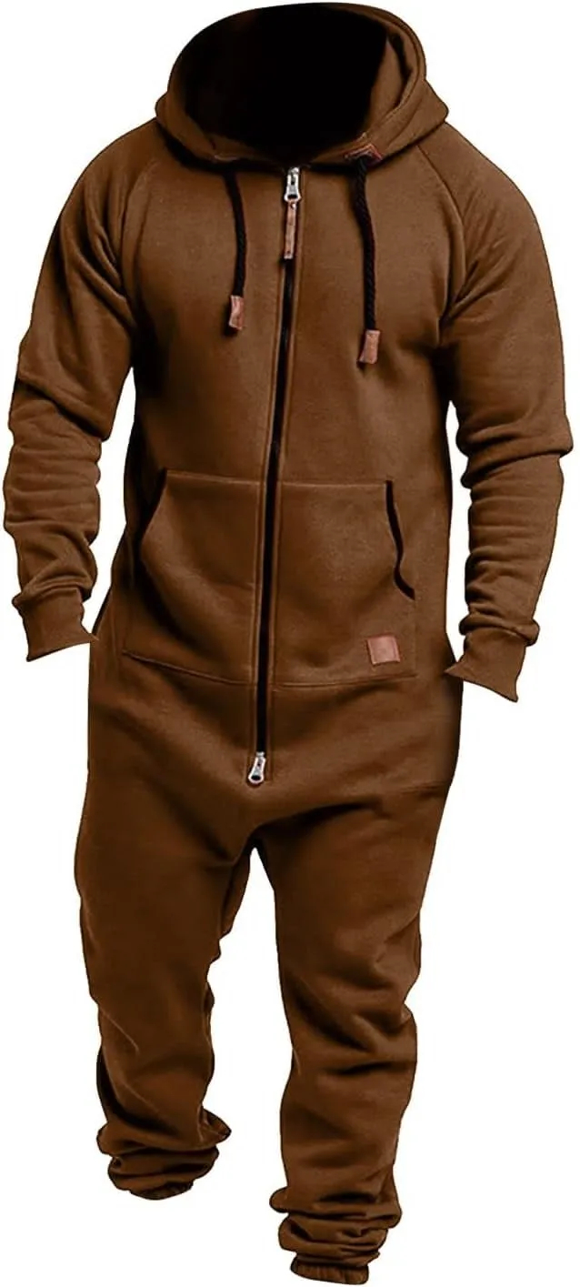 NEW WAJCSHFS Men's One Piece Onesie Zipper Hoodie Men's Jumpsuit Fashionwear in Coffee Brown Sz M