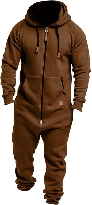 NEW WAJCSHFS Men's One Piece Onesie Zipper Hoodie Men's Jumpsuit Fashionwear in Coffee Brown Sz M