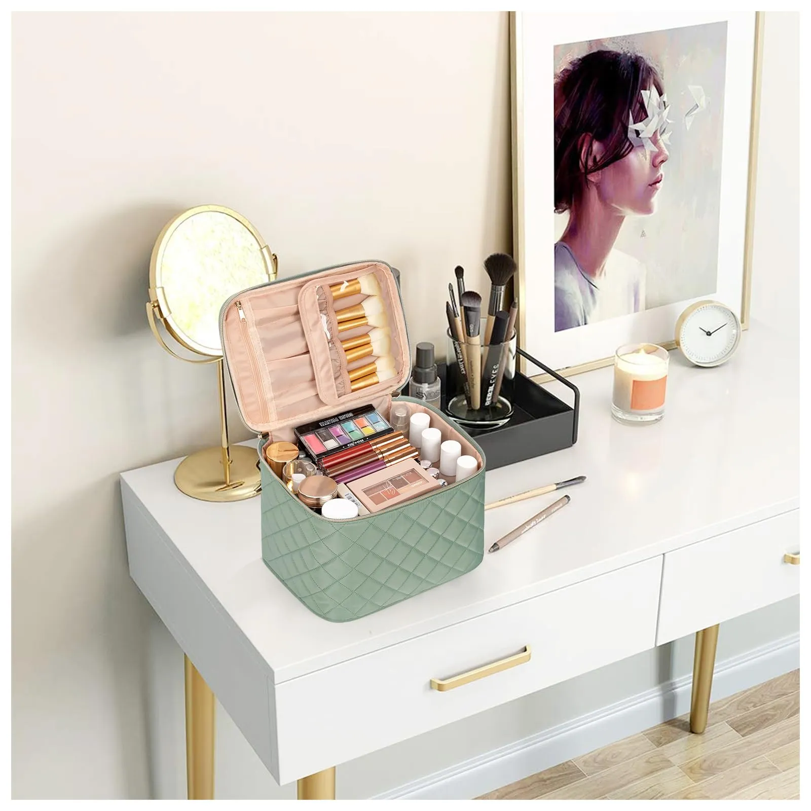 OCHEAL Makeup Bag,Large Travel Makeup Bag Organizer Cosmetic Bags for Women Washable Make Up Bag Organizer Case with Dividers - Green