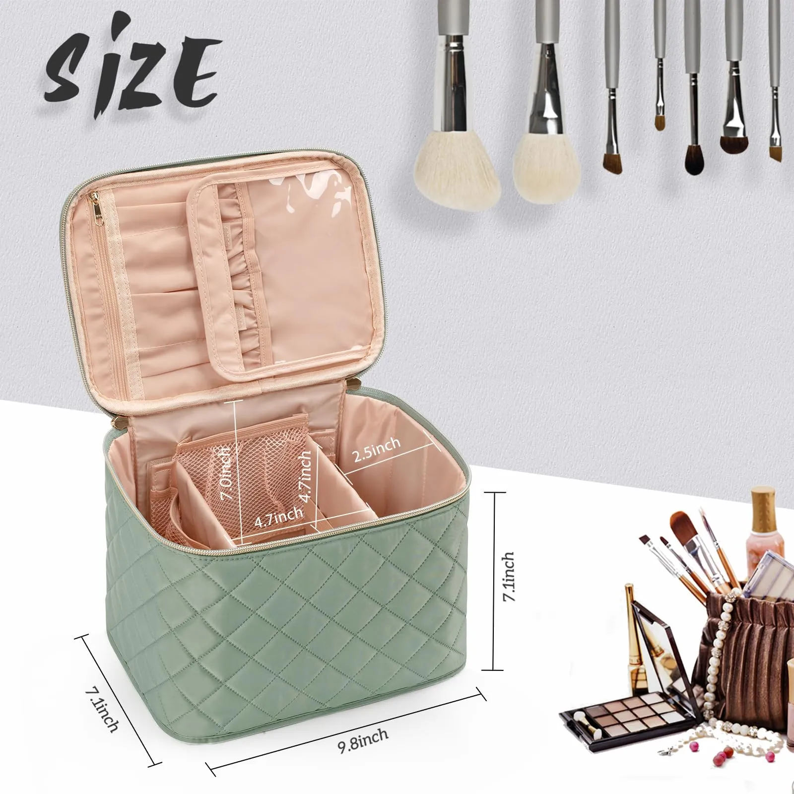OCHEAL Makeup Bag,Large Travel Makeup Bag Organizer Cosmetic Bags for Women Washable Make Up Bag Organizer Case with Dividers - Green