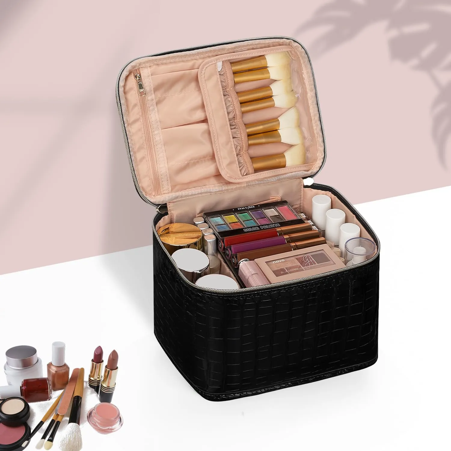 OCHEAL Travel Makeup Bag, Cosmetic Bags for Women Makeup Case Organizer Large Capacity Travel Toiletry Bag Storage Bags with Divider and Handle for Cosmetics Toiletries Brushes Tools-Black