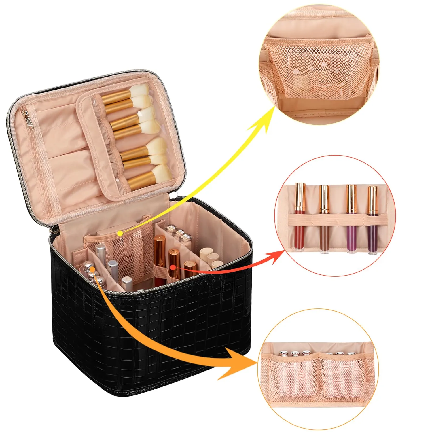 OCHEAL Travel Makeup Bag, Cosmetic Bags for Women Makeup Case Organizer Large Capacity Travel Toiletry Bag Storage Bags with Divider and Handle for Cosmetics Toiletries Brushes Tools-Black