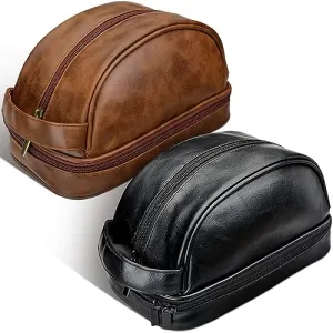 Paterr 2 Pcs Leather Toiletry Pouch for Men Women Durable Travel Shaving Kit Bag Upper and Lower Zippered Compartments for Toiletries Accessories